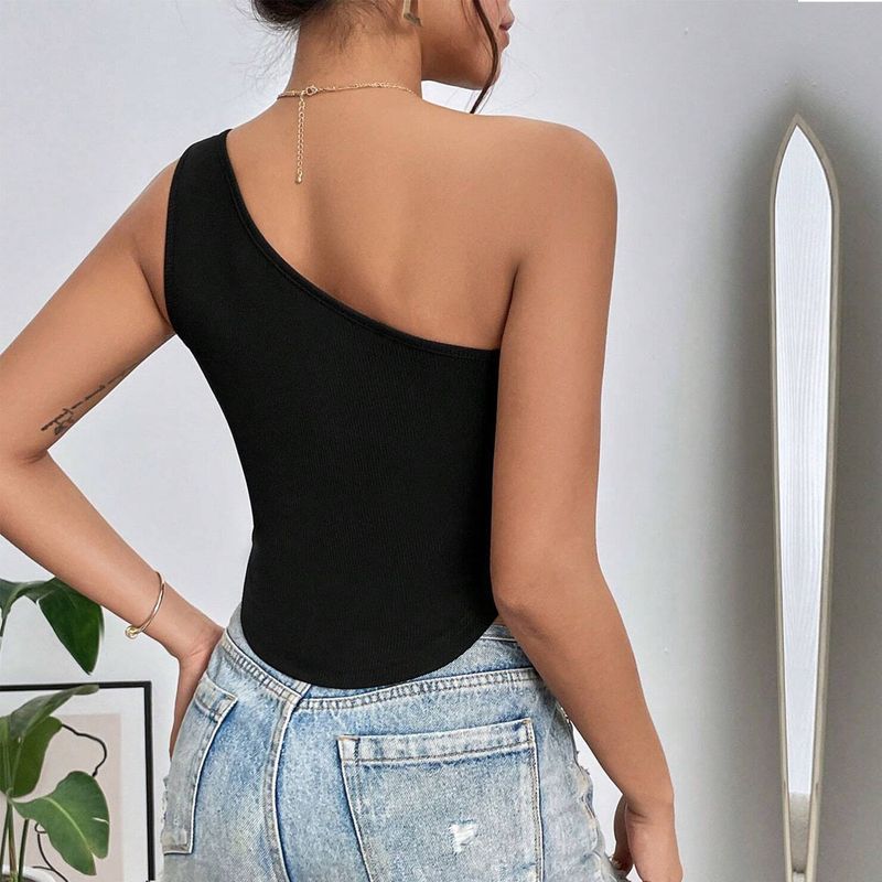 Women's Clothing New Slim Ultra Short Irregular Hem Oblique Shoulder Wrap Chest Vest Hollow Top_voghion.com