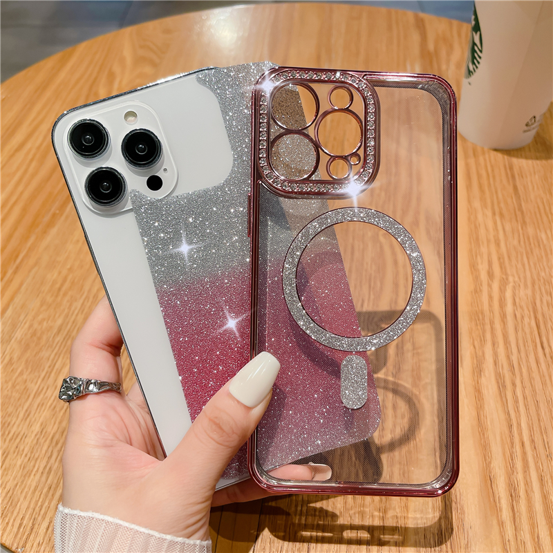 Luxus Farbverlauf Glitzer Wireless Charging für Magsafe Hülle für iPhone 14 13 12 11 Pro Max Plus Plating Bumper Cover Cases_voghion.com