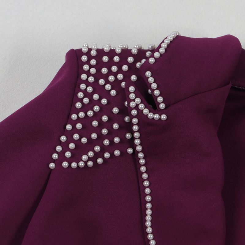 Traje de dos piezas ajustado de manga larga con perlas para mujer_voghion.com