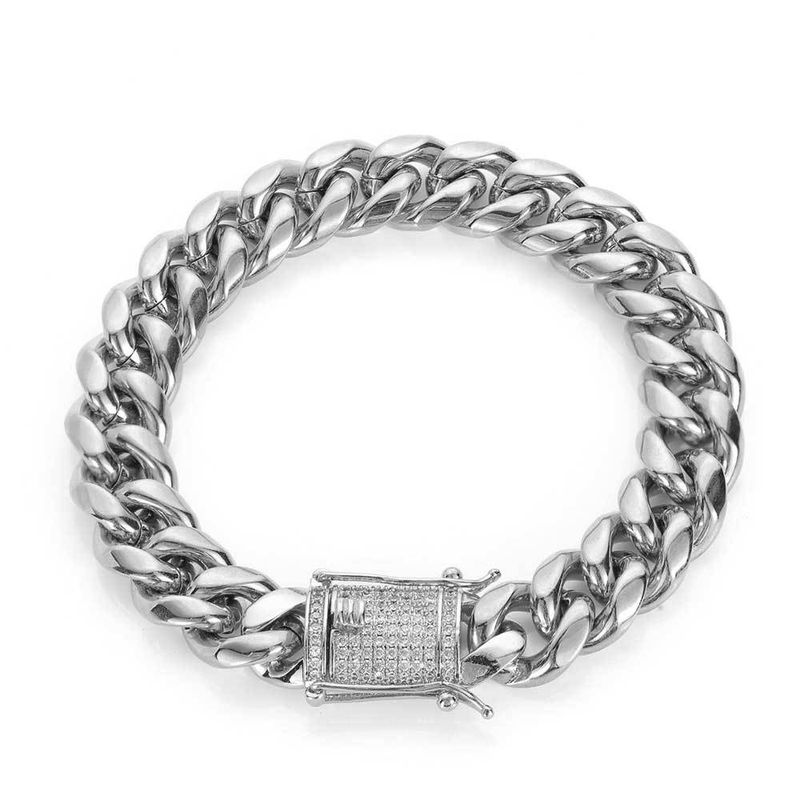 Unisex Trendy Stainless Steel Cuban Chain Hip Hop Bracelet Double Sided Diamond Buckle Round Grinding Encryption Titanium Steel Men's Bracelet_voghion.com