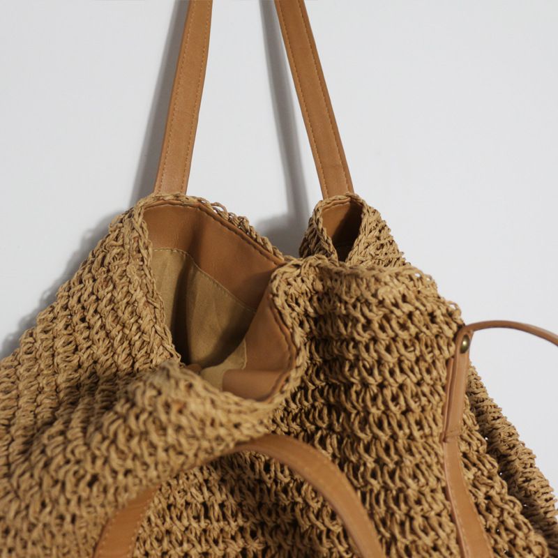 Borsa a secchiello grande capacità, borsa a tracolla in paglia intrecciata, borsa casual da donna, estate 2025_voghion.com