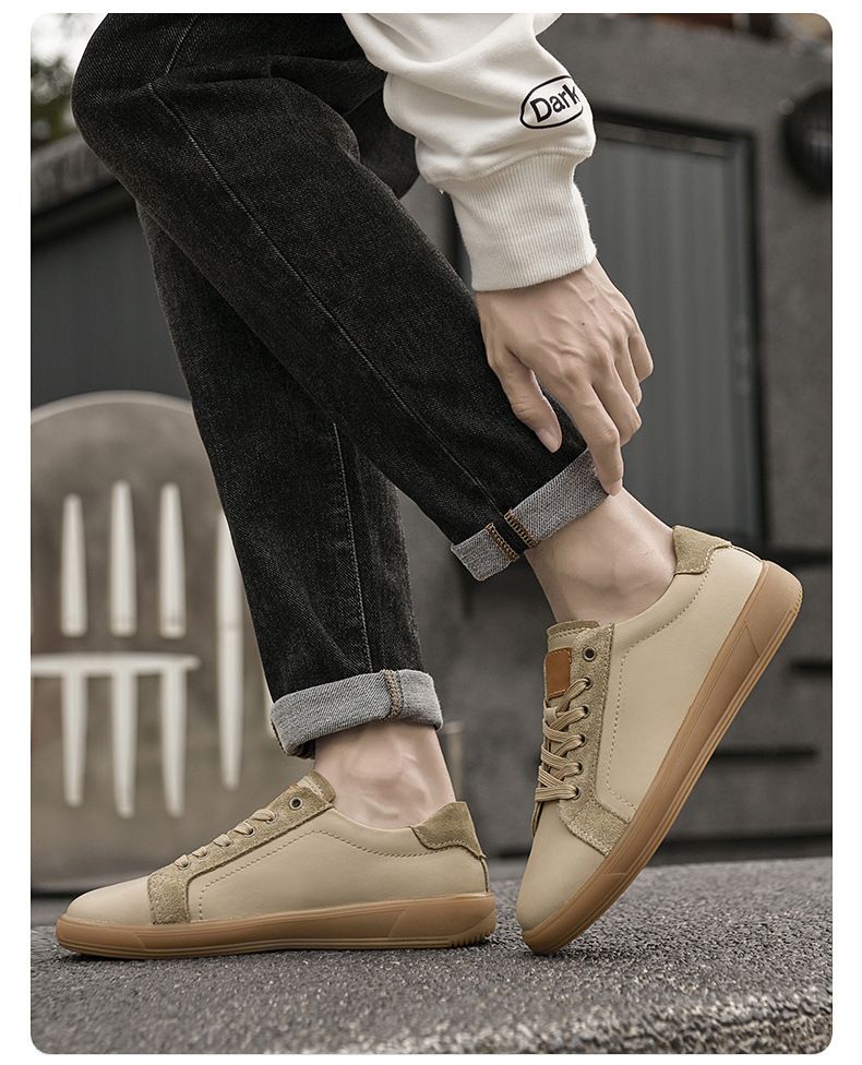 Herren Boardschuhe Flache Trainings-Sneaker Low-Top Leder Rindsleder Oberfläche Freizeitschuhe Rundkopf Schnürschuhe Kleines Leder_voghion.com