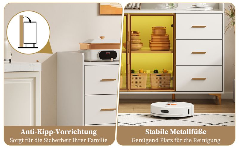 Küchenschrank Weiß 160x87cm, 6 Schubladen, Glastüren, LED-Beleuchtung, Goldgriffe_voghion.com