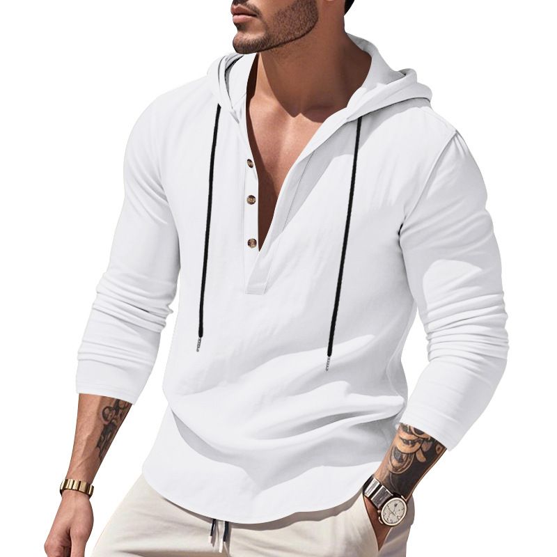 Lente en herfst lang mouwen linnen overhemd heren capuchon casual losse T-shirt trui heren_voghion.com