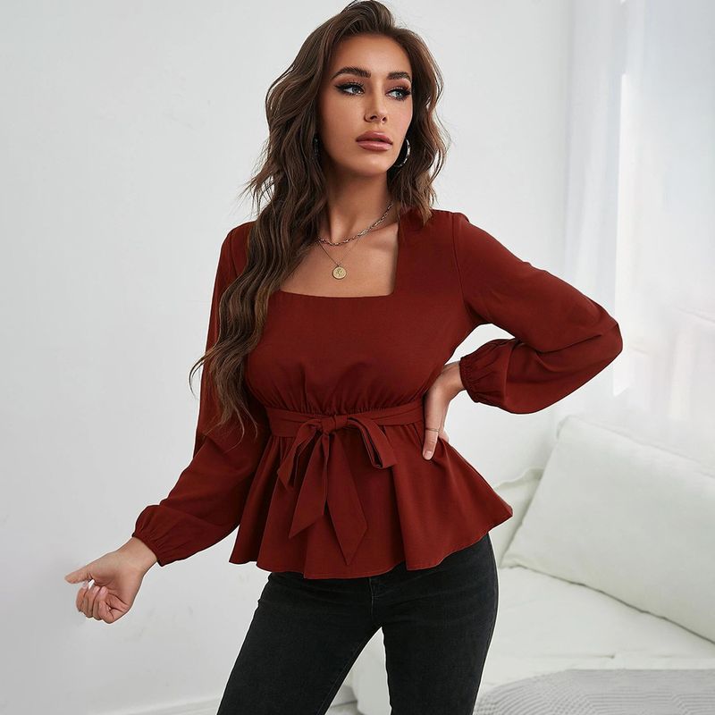 2023 Women's New Square Neck Elastic Waist Ruffle Edge Long Sleeve Women's Shirt Temperament Top_voghion.com