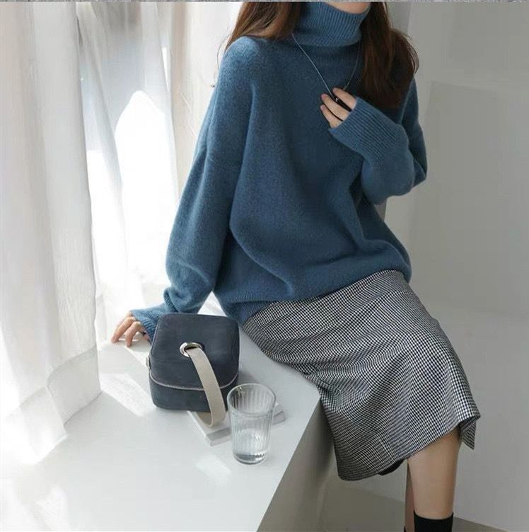 Dammekleeder einfarweg Pullover Hierscht a Wanter nei locker gestrickt Hemd mat héijem Kraang_voghion.com