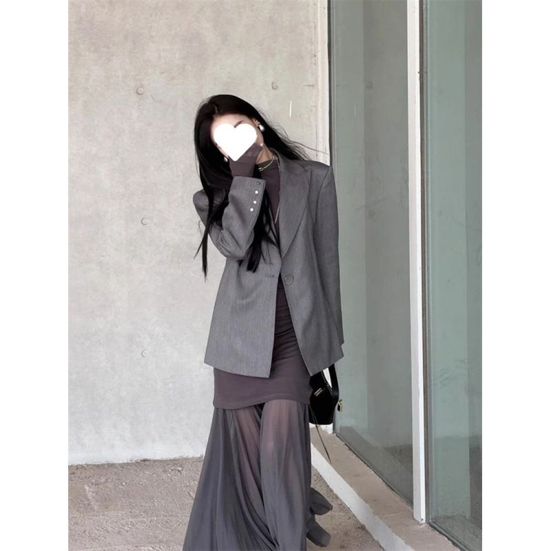 25 Spring New French Style Elegant Light High-End Simple Commuting Gray Blazer Dress Set For Women_voghion.com