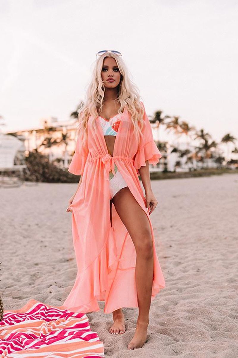 Women’s Chiffon Beach Cover-Up – Long Bikini Swimsuit Jacket (One Size, Orange-Pink Gradient, UV Protection & Boho Style)_voghion.com
