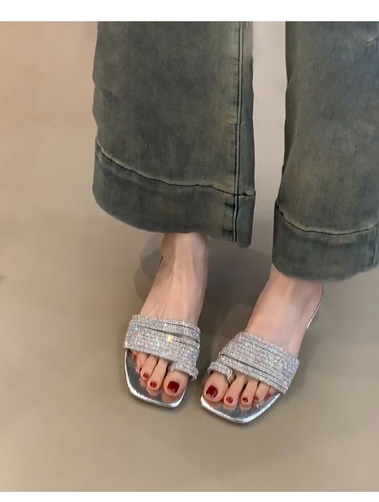 Lan Cabinet Edition ~ French Rhinestone Open-Toe Sandals For Women, Elegant And Gentle, Open Toe Square Head Slippers,_voghion.com