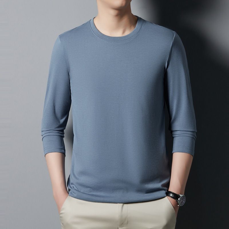 Pamutból készült férfi tavaszi viselet, fehér hosszú ujjú póló belső réteggel, kerek nyakú, egyszínű alaping, férfi felső_voghion.com