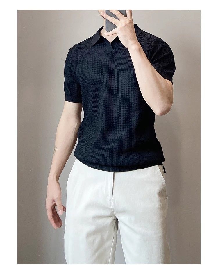 Polo da uomo in maglia leggera e traspirante, aderente, a maniche corte, stile americano, in seta ghiacciata, modello cross-border, con strisce antivento_voghion.com