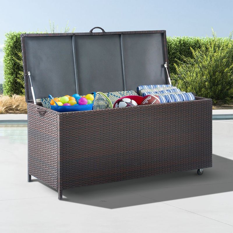 Outdoor Rattan Deck Box With Wheels, Hand-woven Wicker Storage Box_voghion.com