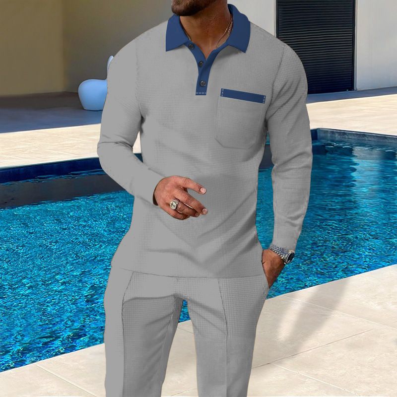 Men's Casual Waffle Knit Long Sleeve Polo & Pants Set - Breathable Comfort, Versatile Styling For Outdoor & Daily Wear_voghion.com