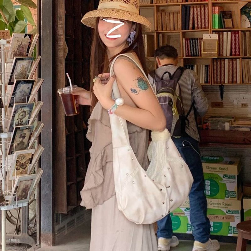 2025 Spring And Summer New Niche Design Korean Ins Wasteland Style Colorful Diamond Handbag White Large Capacity Casual Shoulder Bag Fashionable_voghion.com