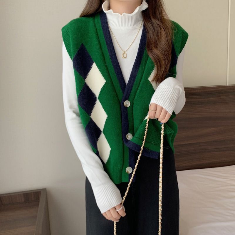 Damenbekleidung Herbst neue lose Damenbekleidung V-Ausschnitt ärmellose Strickjacke Retro Diamant gestrickte Pullover Weste Weste für Frauen_voghion.com
