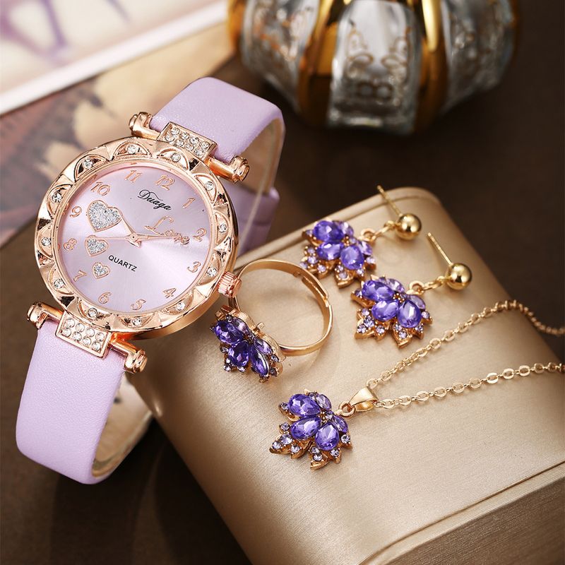 Orologio da donna Sweet Style con quadrante rotondo in pelle e set di gioielli a forma di foglia d'acero - Eleganti accessori per orologi da polso_voghion.com