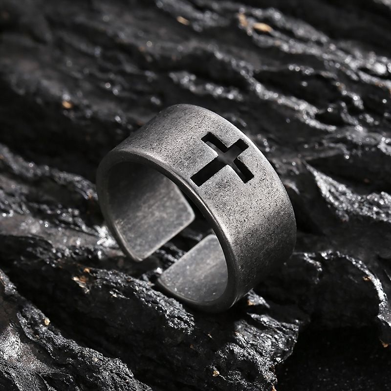 Men's Jewelry Creative Personality Trendy Rings Blackened Retro Old Titanium Steel Men's Hollow Cross Open Ring_voghion.com