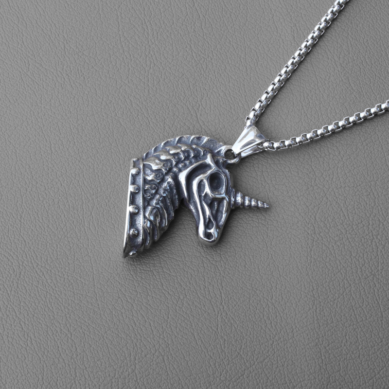 Collier tendance en acier inoxydable avec pendentif en forme de squelette de licorne pour homme et femme_voghion.com
