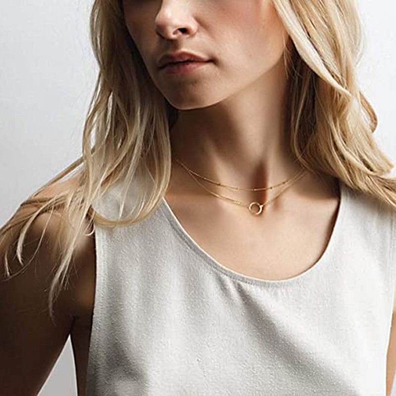 hot selling clavicle chain retro simple ring double layer necklace copper bead chain circle pendant necklace_voghion.com