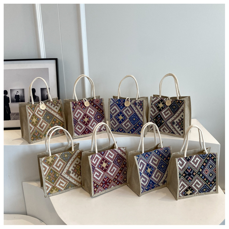 Ethnic Style Canvas Bag for Women, New Fashion for Going Out, Portable Linen Lunch Box, Bento Bag, Hand-held Mommy Bag_voghion.com