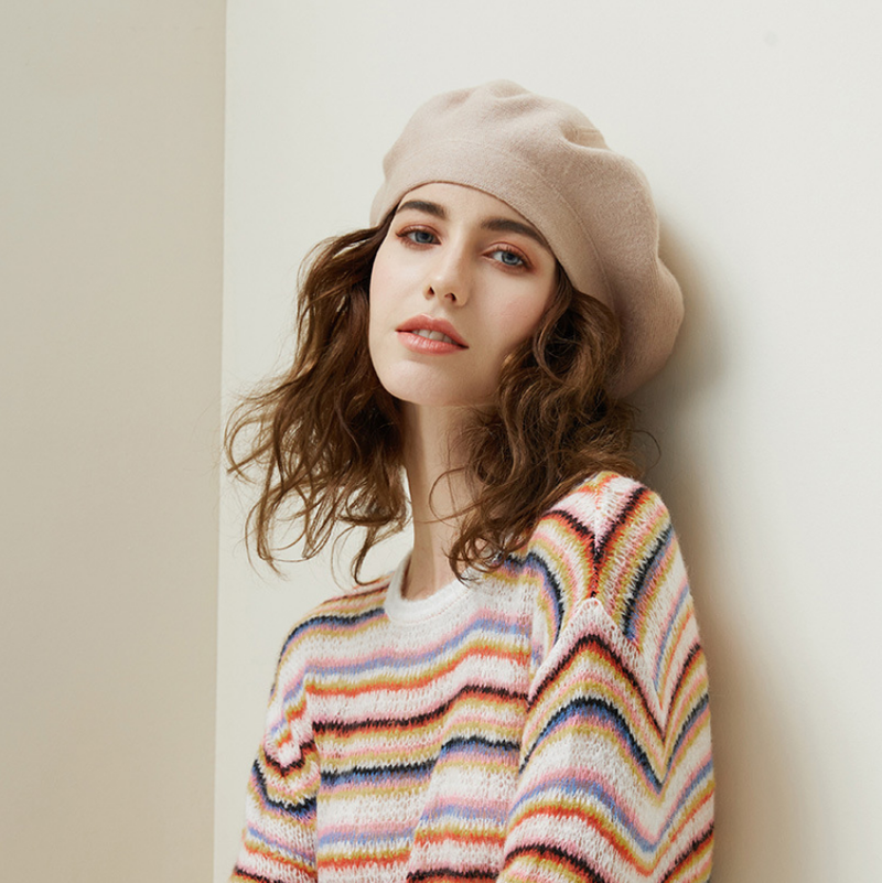 New Arrivals New Beret Women' Autumn and Winter Hat Fashion Pattern Striped Warm Rabbit Hair Knitting Versatile Black white red_voghion.com