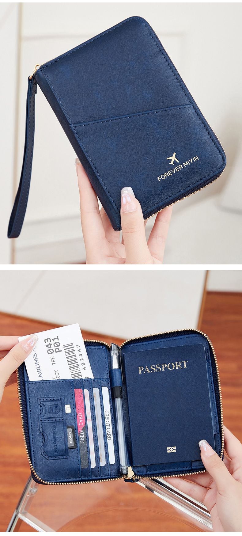 Portafoglio portapassaporto da viaggio con blocco RFID - Organizer per documenti sottile e sicuro con scomparto con cerniera, stile corto, borsa portadocumenti per biglietti aerei_voghion.com