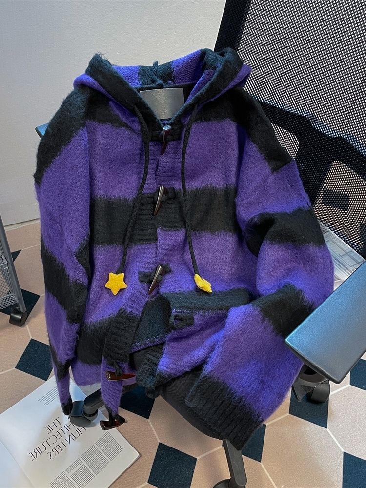 Lazy Style Niedlicher Kapuzenpullover mit Sternenstreifen für Damen im Herbst und Winter, Anime Mine, Strickjacke_voghion.com