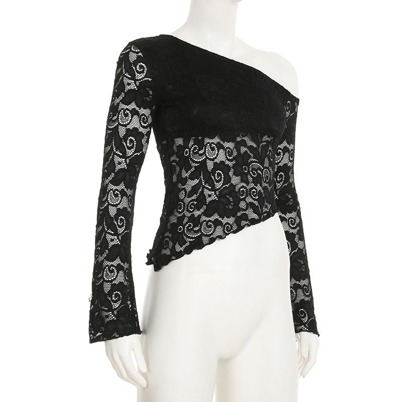 Women's Oblique Shoulder Lace Long Sleeved T Shirt Female Early Spring New Temperament Solid Color Perspective Black Bottoming Shirt Top_voghion.com