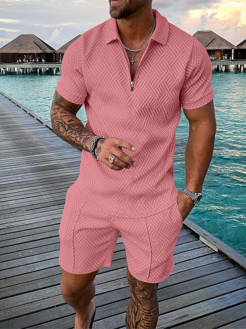 Conjunto deportivo de verano para hombre, con estampado 3D de lunares blancos y negros, camiseta polo con cremallera y pantalones cortos, 2 piezas_voghion.com