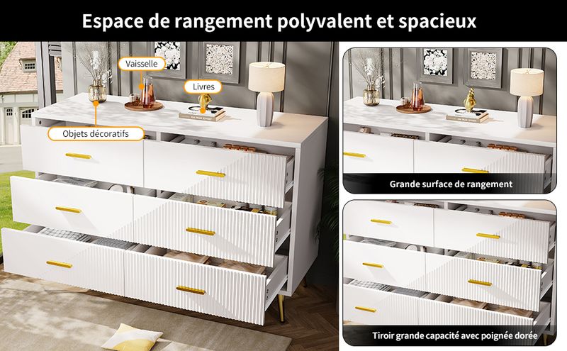 Kommode Weiß Mit 6 Schubladen, 3D-Schranktürdesign, Goldene Beine_voghion.com