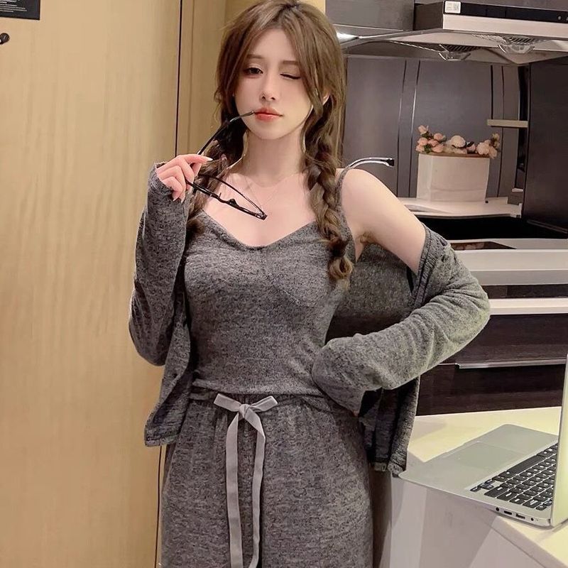 Sexy Pyjamas Für Frauen Frühling Und Herbst Langarm Drei-Stück Set 2025 Neue Mit Brust Pads Winter Homewear Gestrickte_voghion.com