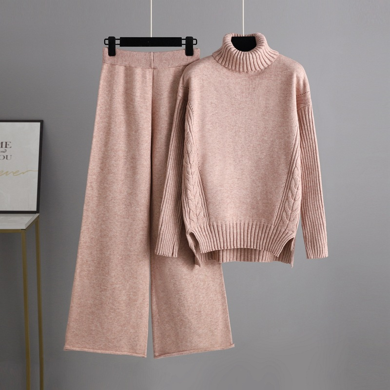 Vêtements pour femmes style paresseux pull à col roulé ample costume style occidental pour femmes pantalons à jambes larges à la mode ensemble deux pièces pour les femmes_voghion.com