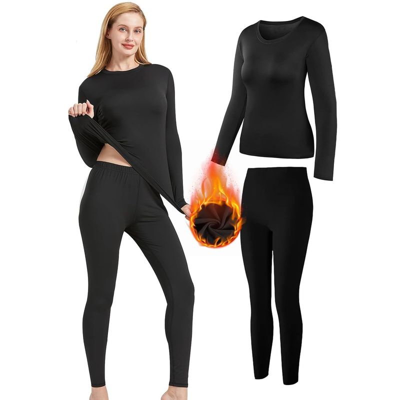 Conjunto de roupa íntima térmica feminina com forro de lã - Top e calça de camada de base para aquecimento de inverno - Macio e respirável - Preto (P/M/G/GG)_voghion.com