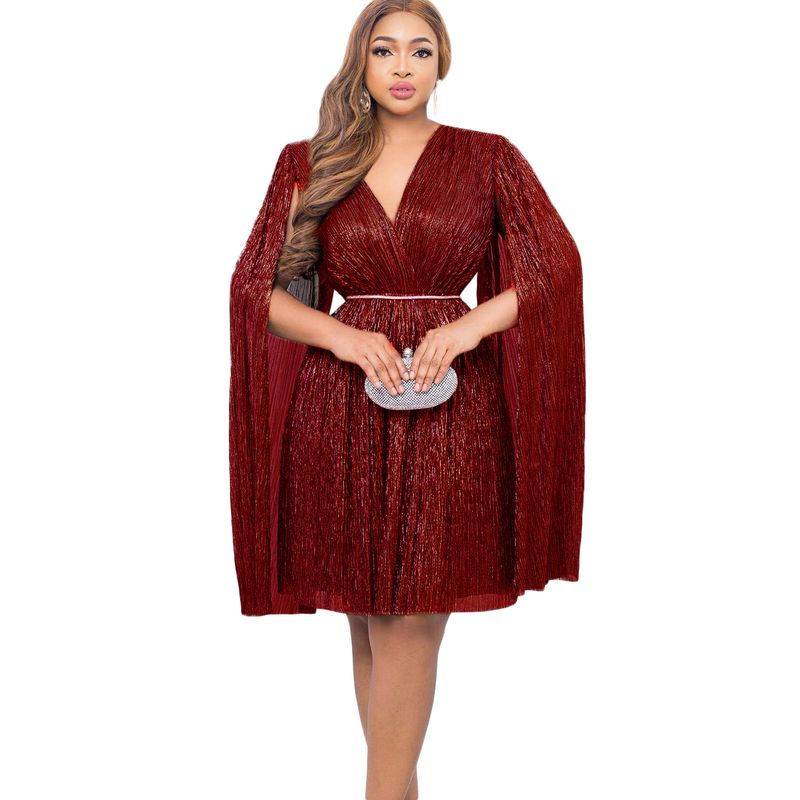 Damenbekleidung Neue V-Ausschnitt Temperament Langarm Cape Taille Kleid Rock_voghion.com