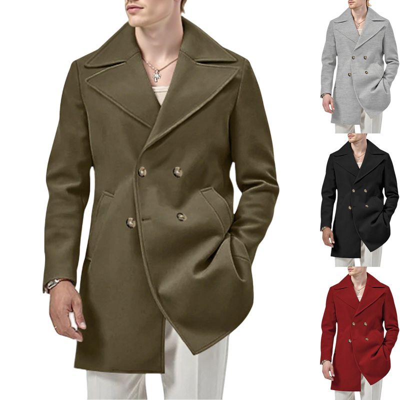 Trench classico doppiopetto da uomo - Soprabito slim fit di media lunghezza con revers a lancia, giacca a vento casual per tutte le stagioni, grigio/nero/rosso/verde militare_voghion.com