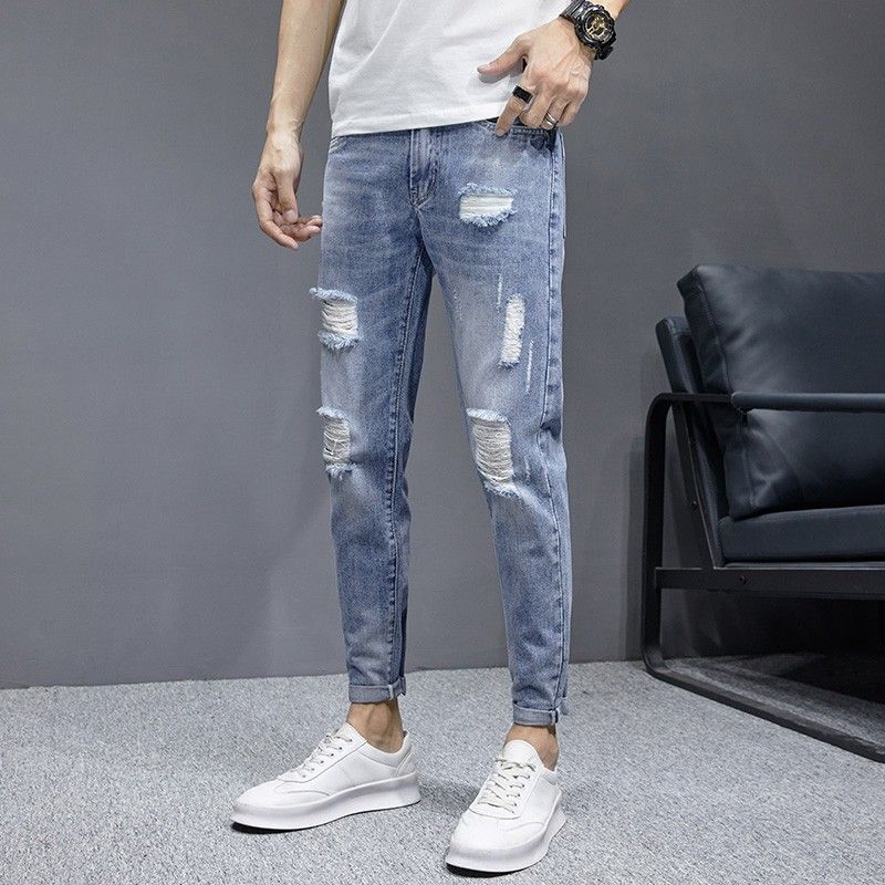 Ripped Jeans Men Summer Nine Points Slim Straight Loose Casual New Thin Style Beggar Pants_voghion.com