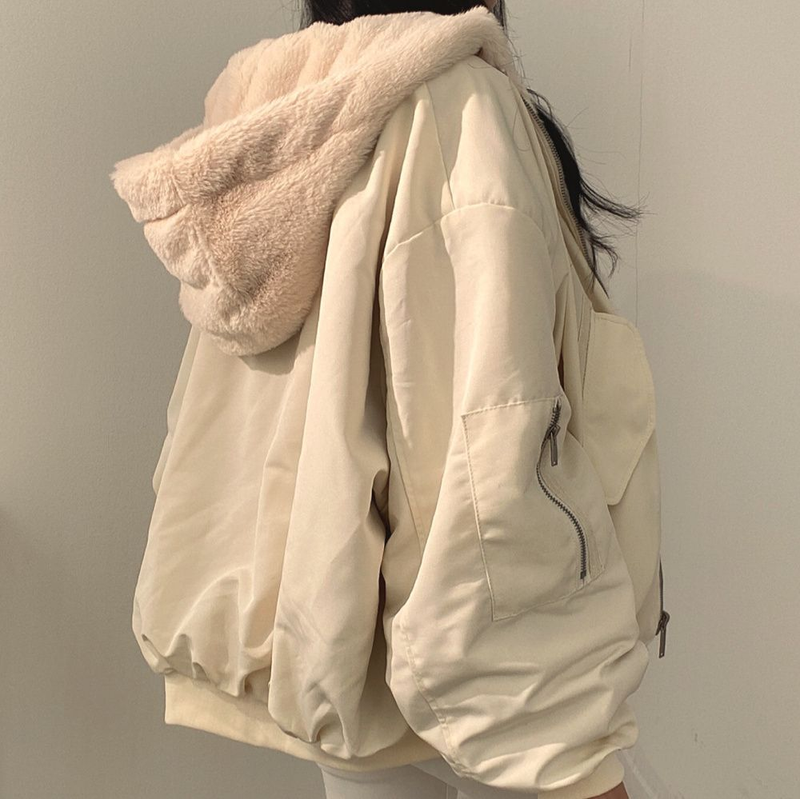 Giacca reversibile Deeptown alla moda coreana Veet in lana d'agnello da donna Haruku con cappuccio oversize tinta unita con zip invernale beige_voghion.com