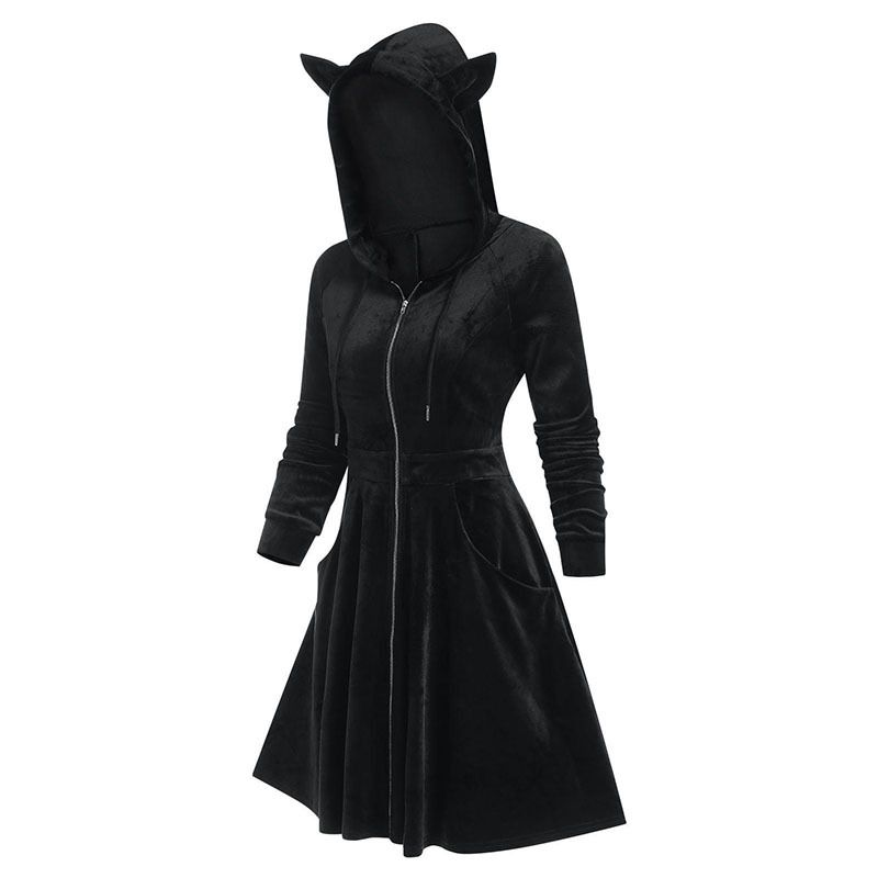Abito slim da donna con orecchie di gatto in velluto dorato a maniche lunghe con cappuccio in stile gotico, abito da donna taglie forti_voghion.com