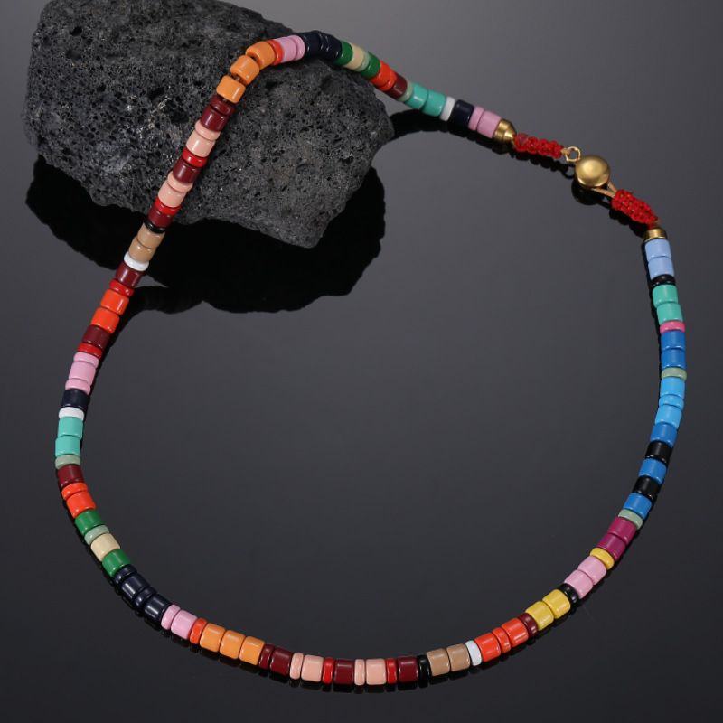 Colar de contas coloridas feminino Ins Candy Rainbow Stacked Clavícula Corrente_voghion.com