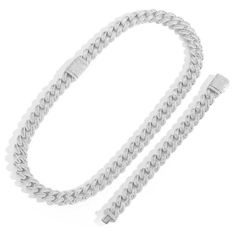 Parure di gioielli con catena a maglie cubane da uomo e da donna con zirconi quadrati da 15 mm incastonati a griffe, collana e bracciale in stile hip hop color oro e argento_voghion.com