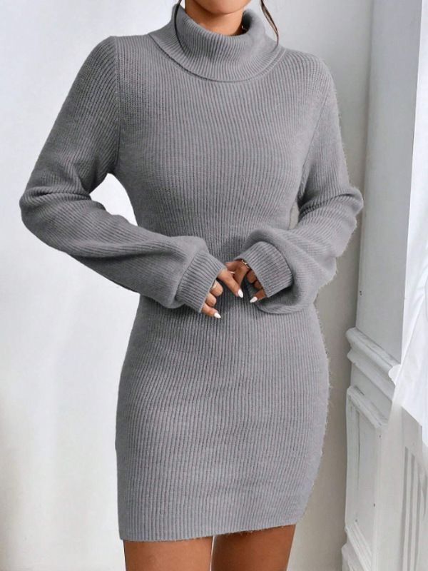 Damenbekleidung Kleid Modisches, schmal gestricktes, hohes Halsband, einfarbig, hüftgewickeltes Strickkleid_voghion.com