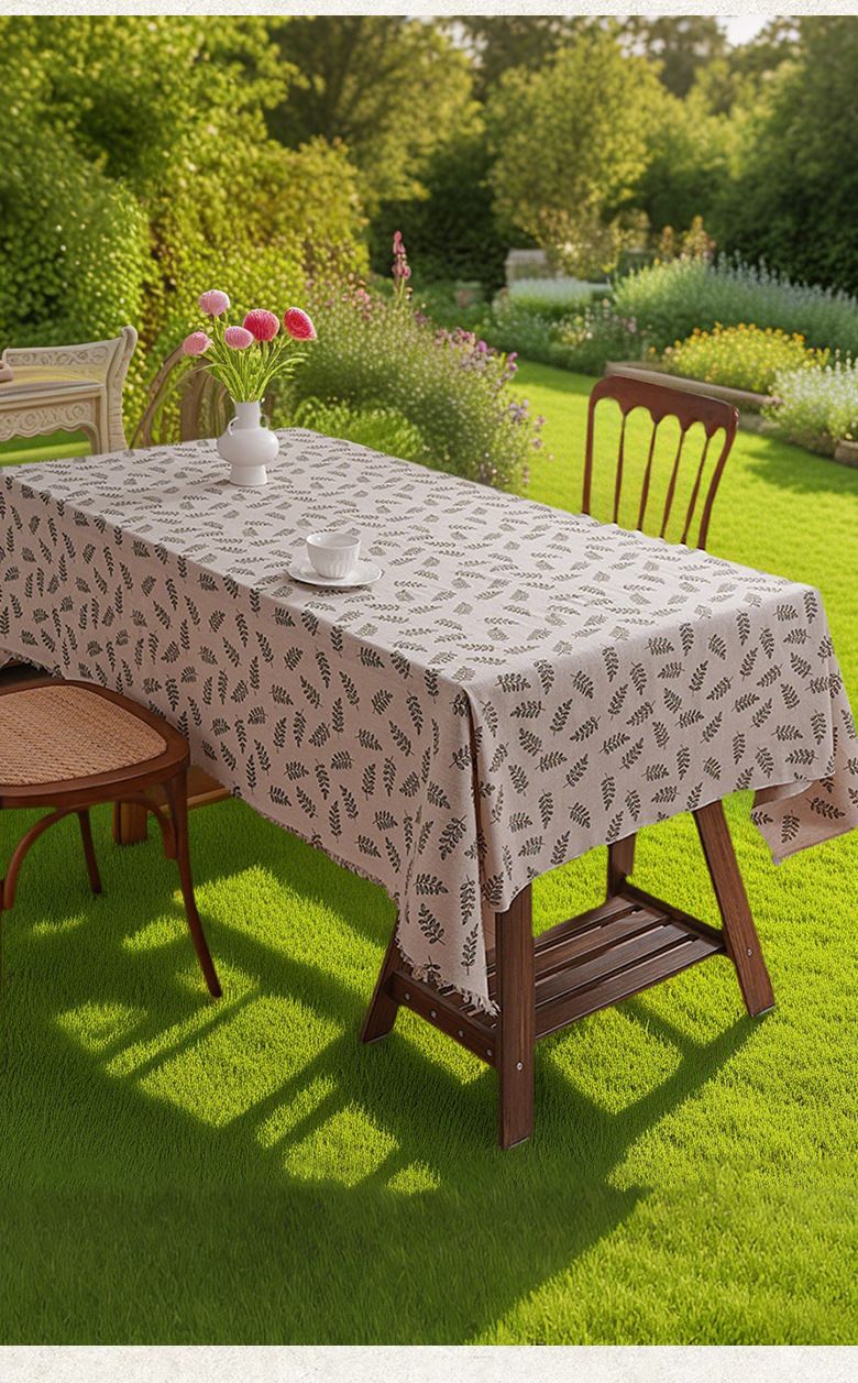 Cotton-Polyester Tablecloth With Willow Leaf Pattern - Rustic Farmhouse Rectangular Table Cover For Dining & Study (Dustproof, Decorative)_voghion.com