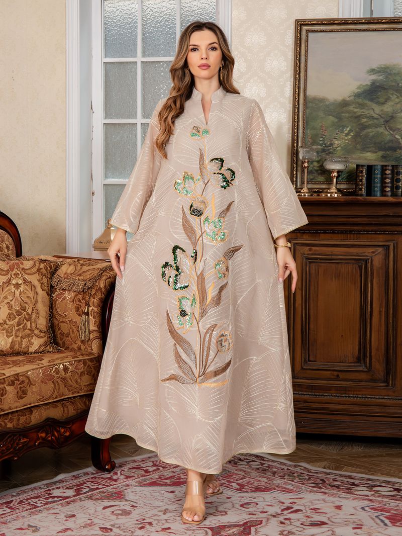 Elegante abito Abaya ricamato – Abito lungo musulmano a maniche lunghe per donna (M-XXL, rosso/beige/verde)_voghion.com