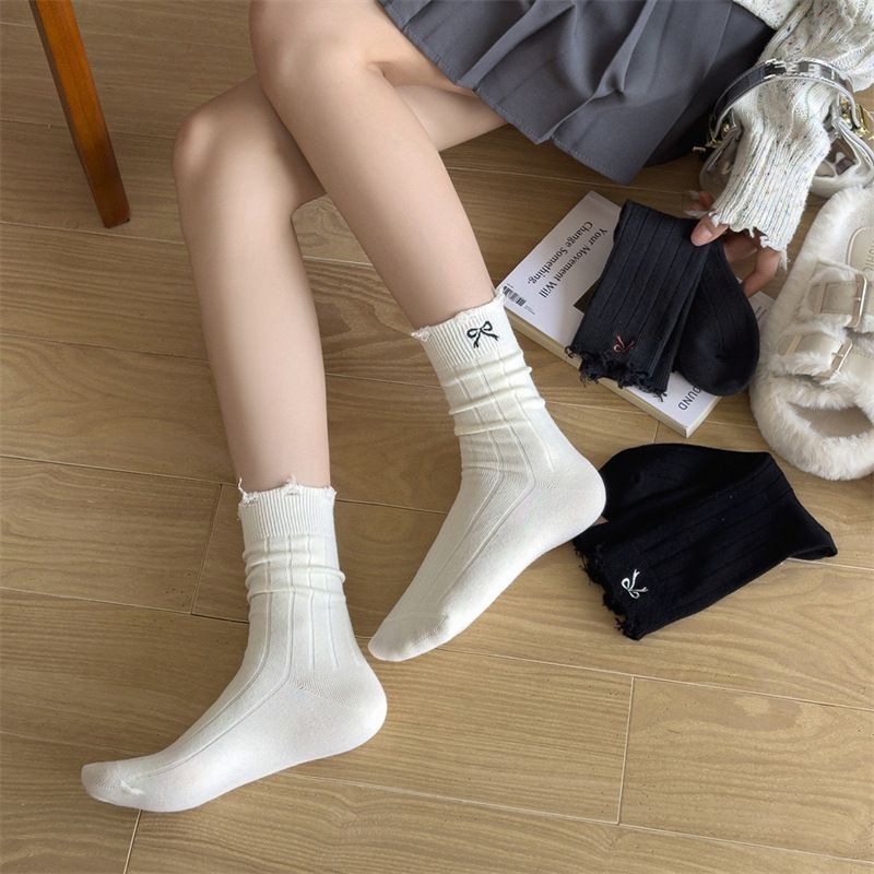 Fashionable Crew Socks With Bow & Ripped Details - Soft Cotton, Unisex Casual Socks For Men And Women, Breathable & Comfortable, Trendy Everyday Wear_voghion.com