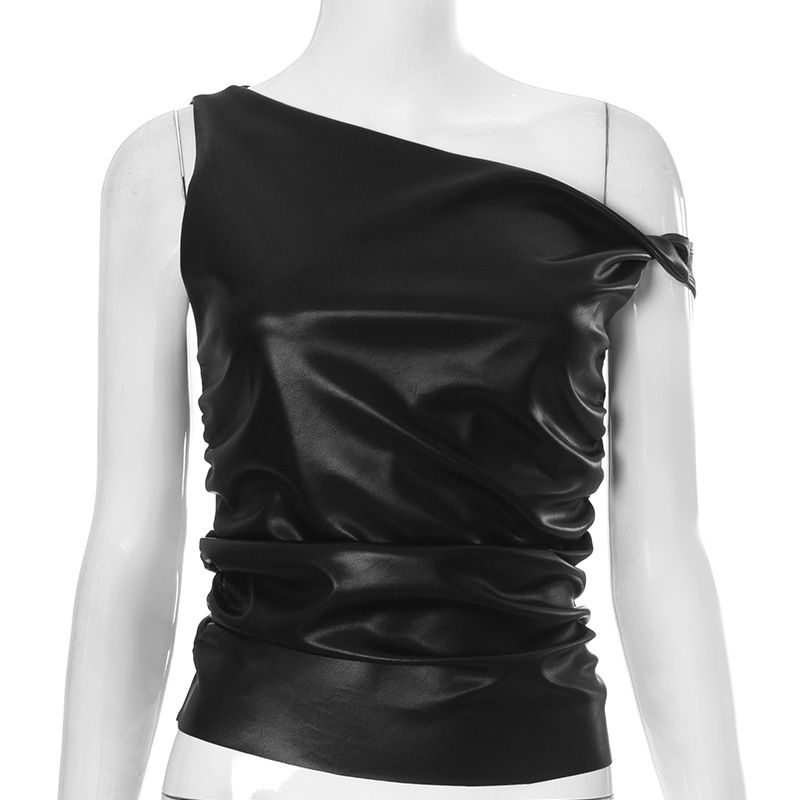 Y24TP647 Women's Autumn/Winter Twisted Strap Off Shoulder Leather Folded Short Open Umbilical Top T-shirt_voghion.com