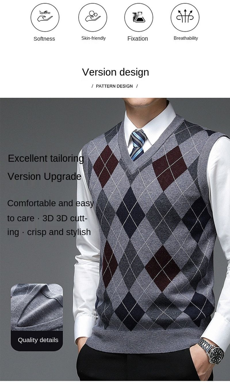 Novo outono designer de moda marca argyle pulôver diamante camisola com decote em v malha colete 6% lã sem mangas roupas masculinas casuais_voghion.com