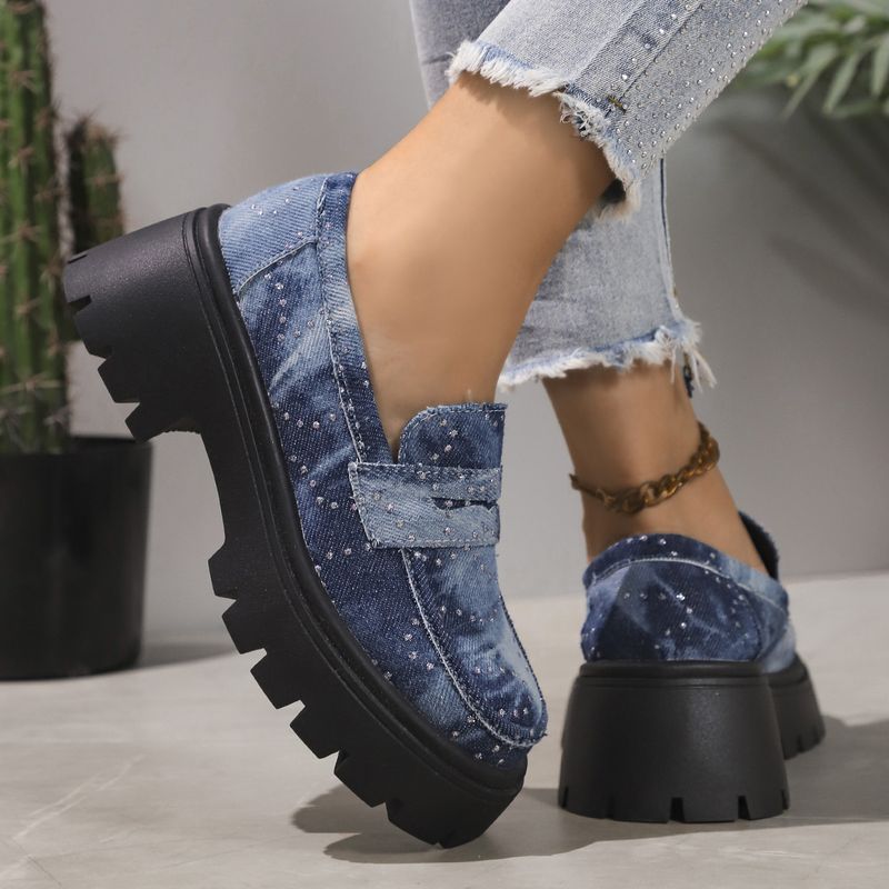 Damenschuhe mit Strasssteinen, dicker Sohle und dickem Absatz, einzelne Schuhe mit Strasssteinen, niedrigem Oberteil, bequem, Lazy One Step Loafers_voghion.com