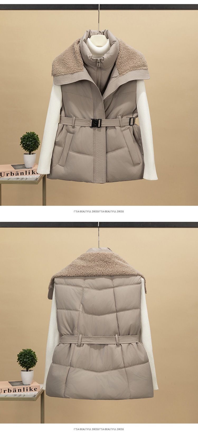 Women's Quilted Puffer Vest With Faux Shearling Collar, Slim Fit Waist-Cinching Jacket For Winter, Lightweight Warm Coat_voghion.com