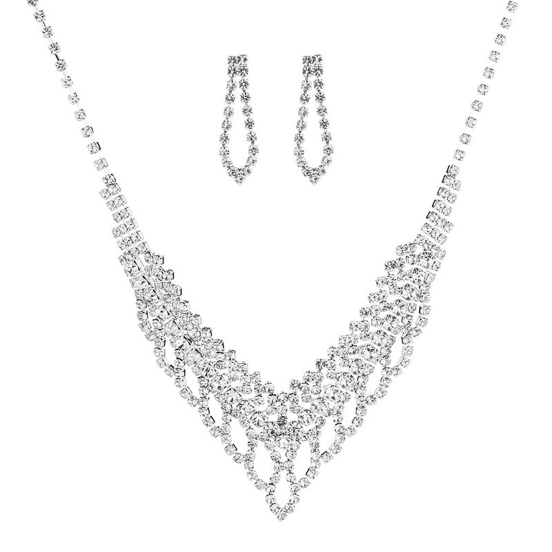 Conjunto de joyas de diamantes de imitación de lujo: collar para bodas y cenas con diseño hueco y detalles brillantes de imitación de diamante (3 piezas)_voghion.com