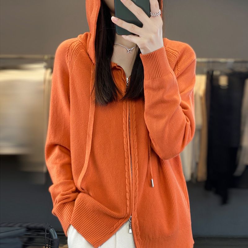 Double Zipper Knitted Cardigan Women's Hooded Sweater Autumn Winter New Loose Casual Solid Color Versatile Coat_voghion.com